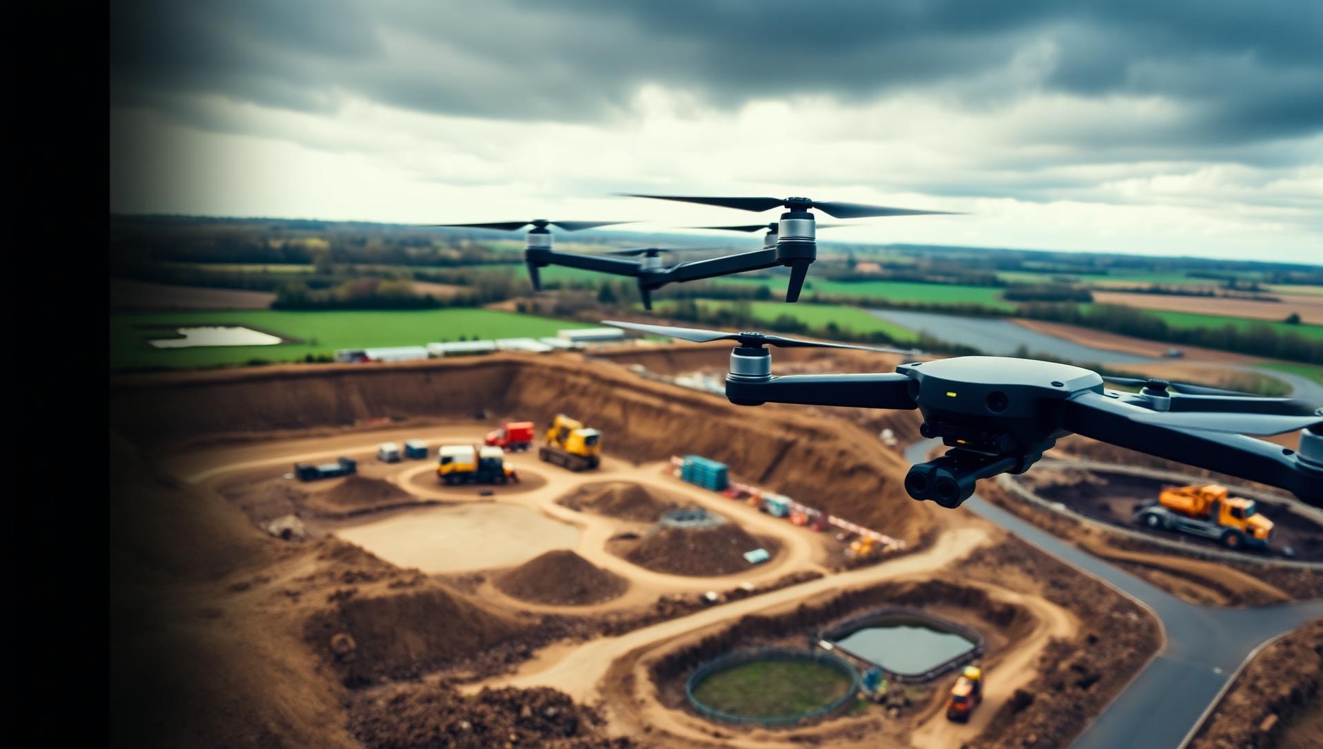 Survey drone flying over a UK civil engineering earthworks site